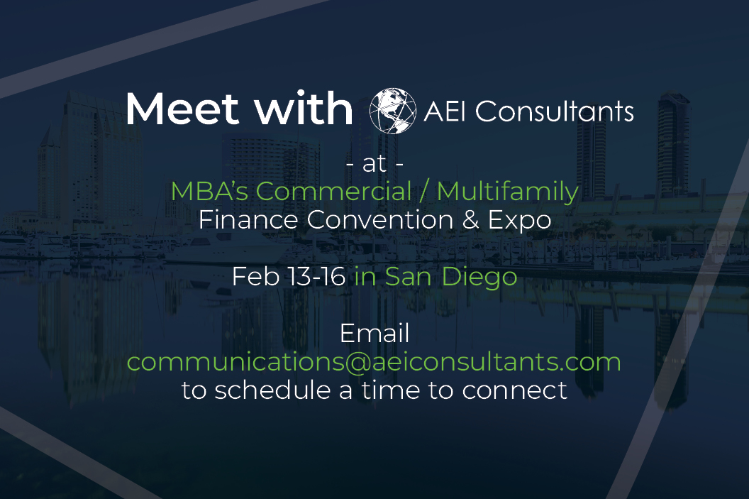 Let's connect in San Diego!  Meet up with AEI's team to discuss hot topics or just catch up!  Email: communications@aeiconsultants.com to schedule.
#mba #cref #MBACREF #MultifamilyEvent #commercialrealestate