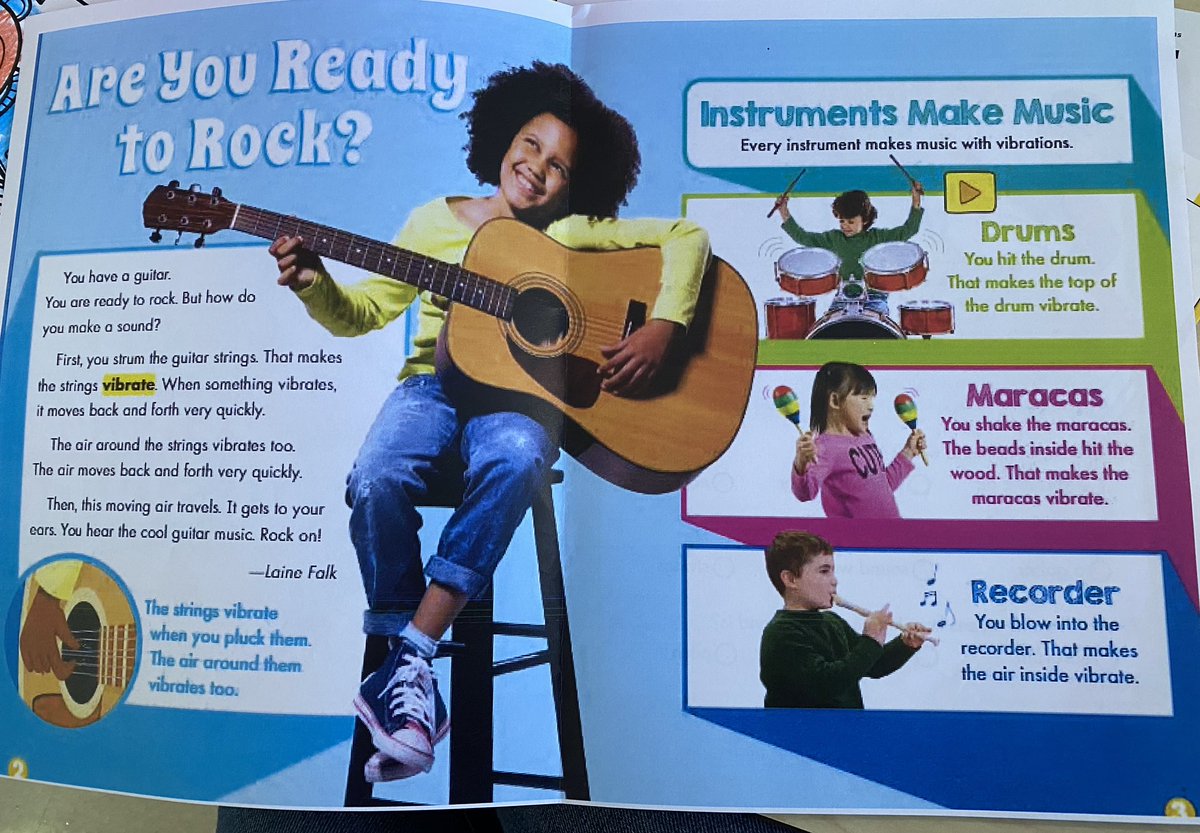 MrsMMatson's tweet photo. We read an old Scholastic News all about sound! We learned when we strum a guitar 🎸string, the air around it vibrates to make sound waves to hit our ears! 👂 Science is cool!! 🎶 https://t.co/y658yCmMo3