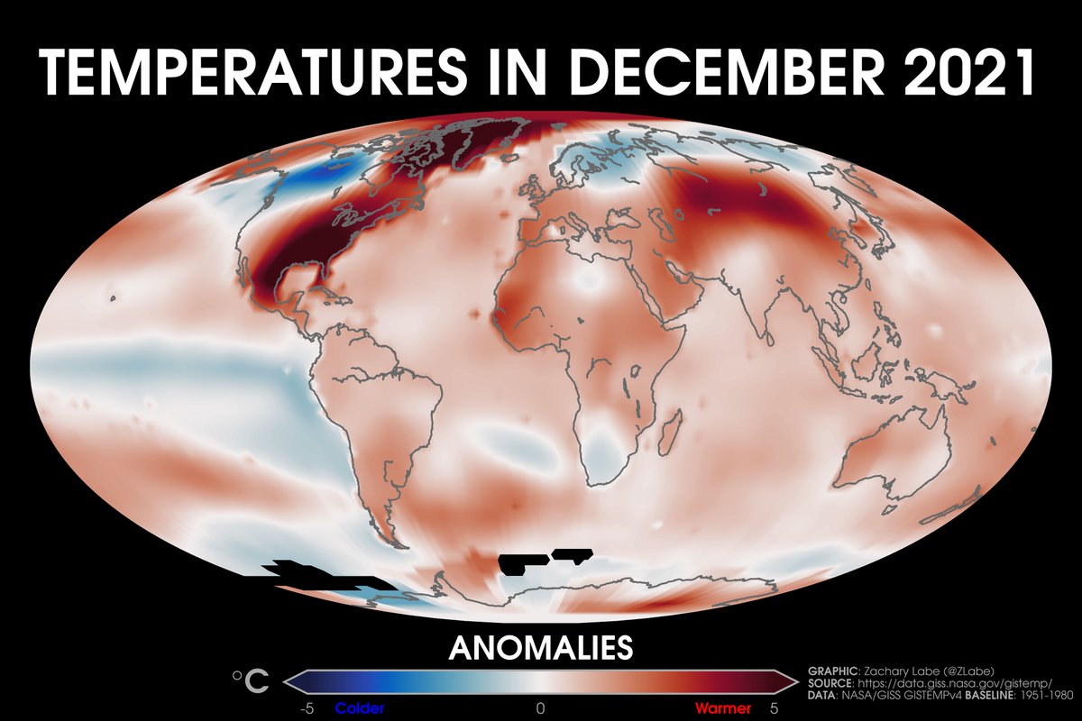 Last month observed highly anomalous temperature patterns in the Northern Hemisphere and a clear La Niña signature in the equatorial Pacific.

Overall, the average December global air temperature was +0.86°C above 1951-1980 climate baseline (GISTEMPv4 data).