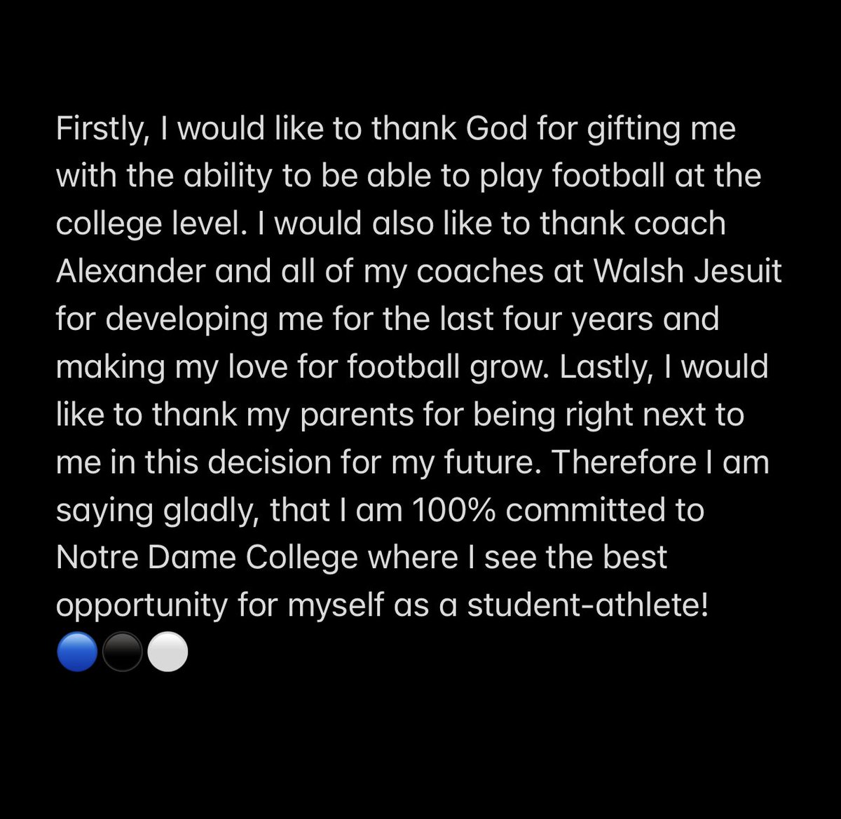 ChristianOchei1's tweet photo. 100% COMMITTED🔵⚫️⚪️ @WalshJesuitFB @nalexanderWJHS @NDCFB @NDC_CoachMack https://t.co/WMipov03H9