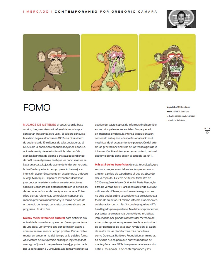 ArsMagazine's tweet photo. MARTES DE SECCIÓN 📚
HOY CON ARTICULO GRATIS DE MERCADO
Como todas las semanas compartimos un reportaje del numero vigente #ARS53
FOMO, reflexiones sobre mercado contemporáneo de Gregorio Cámara. ¡Descárgalo gratis aquí! 👉https://t.co/KBDCCkMPln #martesdeseccion #seccionARS53 https://t.co/n1VUsHQRhl
