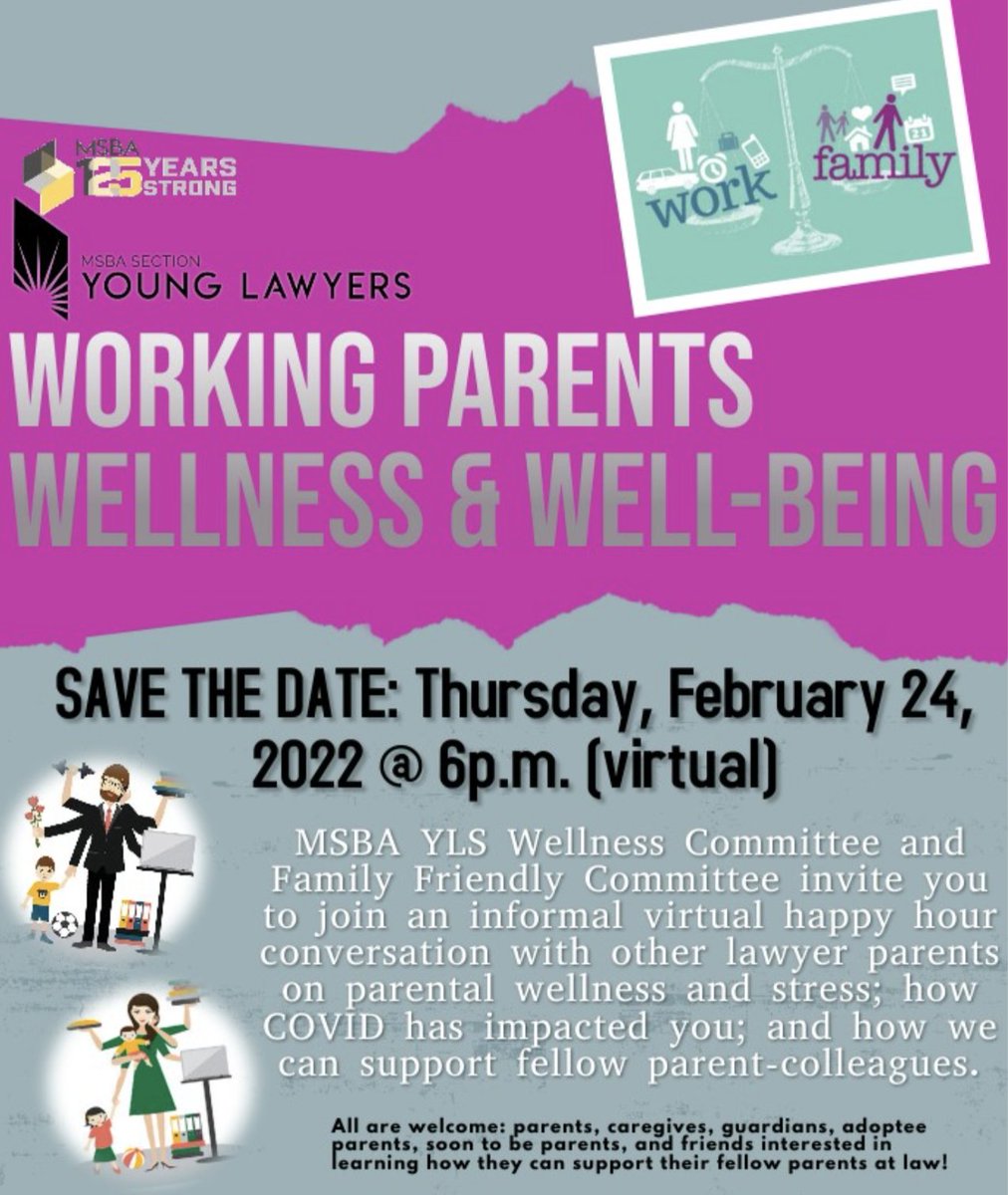 On Thursday, February 24, join a round robin chat with fellow lawyer parents/caregivers with an open dialogue for everyone that attends if they would like to join the conversation - or just listen in!  (1/2)