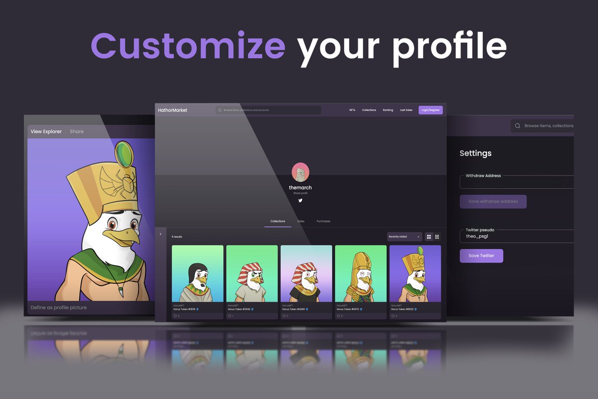 The customization of your profile page begins 👨🏼‍🎨

🟣You can now put a NFT from your collection as your profil picture 
🟣And add your twitter

👊It's time to show and share your best profiles to the whole #HTR community :

📌hathormarketplace.com/assets

#NFT #HTR
