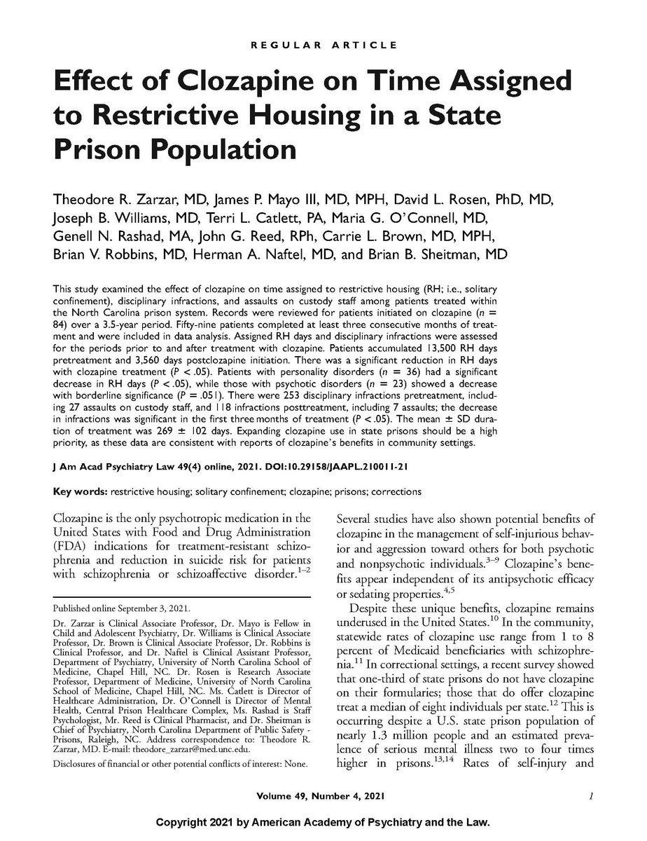 ccpheUBC's tweet photo. Have a look at the publication, “Effect of Clozapine on Time Assigned to Restrictive Housing in a State Prison Population.” #Clozapine #PsychiatricDisorders #RestrictiveHousing #SolitaryConfinement
https://t.co/iKrMLxc5bZ https://t.co/rgTucdYS1l