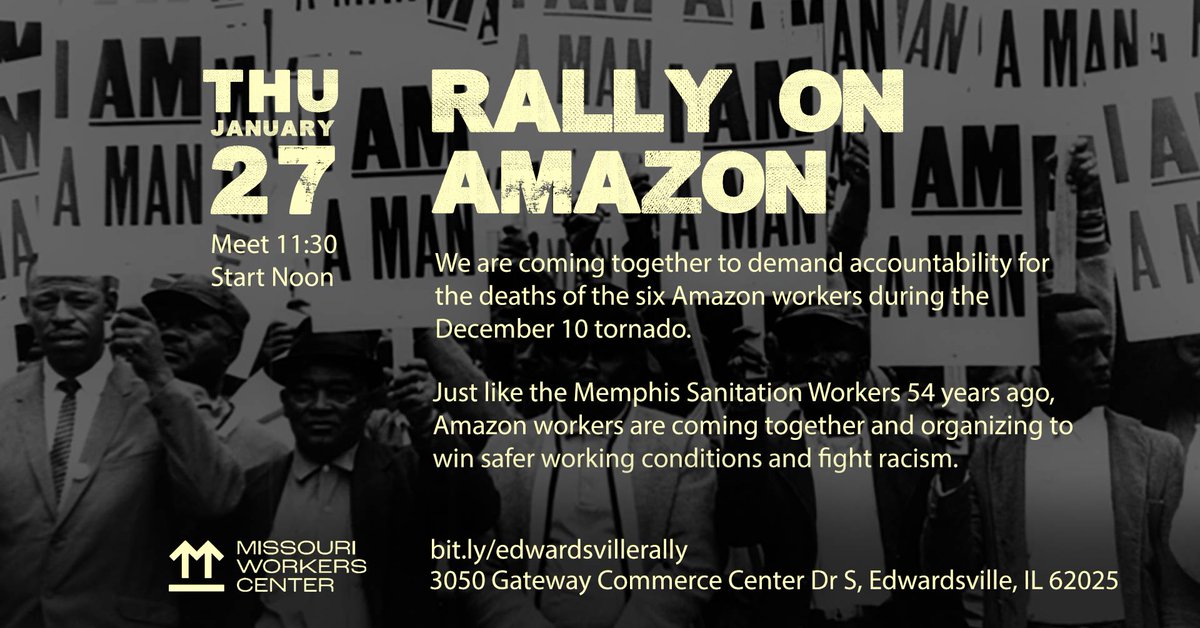 ucmetroeast's tweet photo. UCM is taking a stand with the Missouri Workers Center, an organization of low-wage workers coming together across the state to fight racism and win good jobs for all. Join us this Thursday as we demand better conditions at the Amazon Warehouse in Edwardsville, IL. https://t.co/0LuItMTNjz