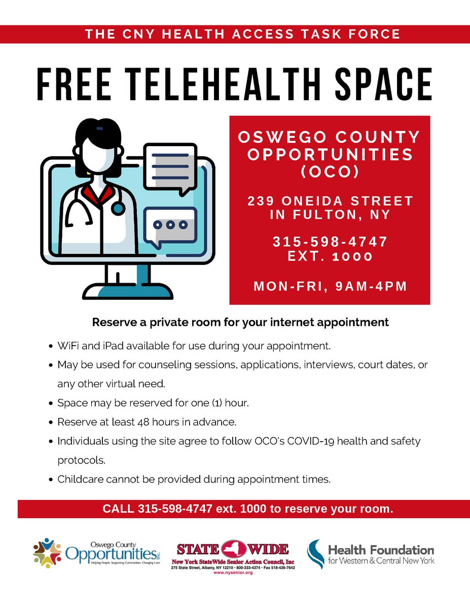 Give a call to 315-598-4747 ext. 1000 if you need a space for private telehealth appointments!