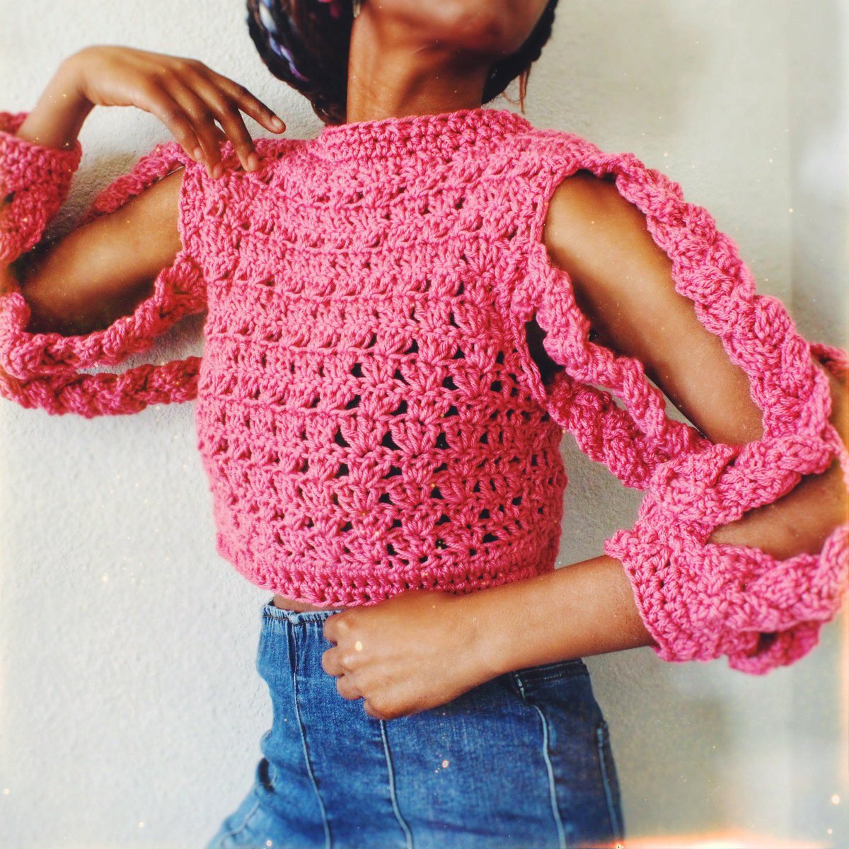 DreamCrochet's tweet photo. 🧶 new braided sleeve handmade crochet sweater design ✨ truly excited to grow this idea out even more 💫 https://t.co/hQFkxu2omp