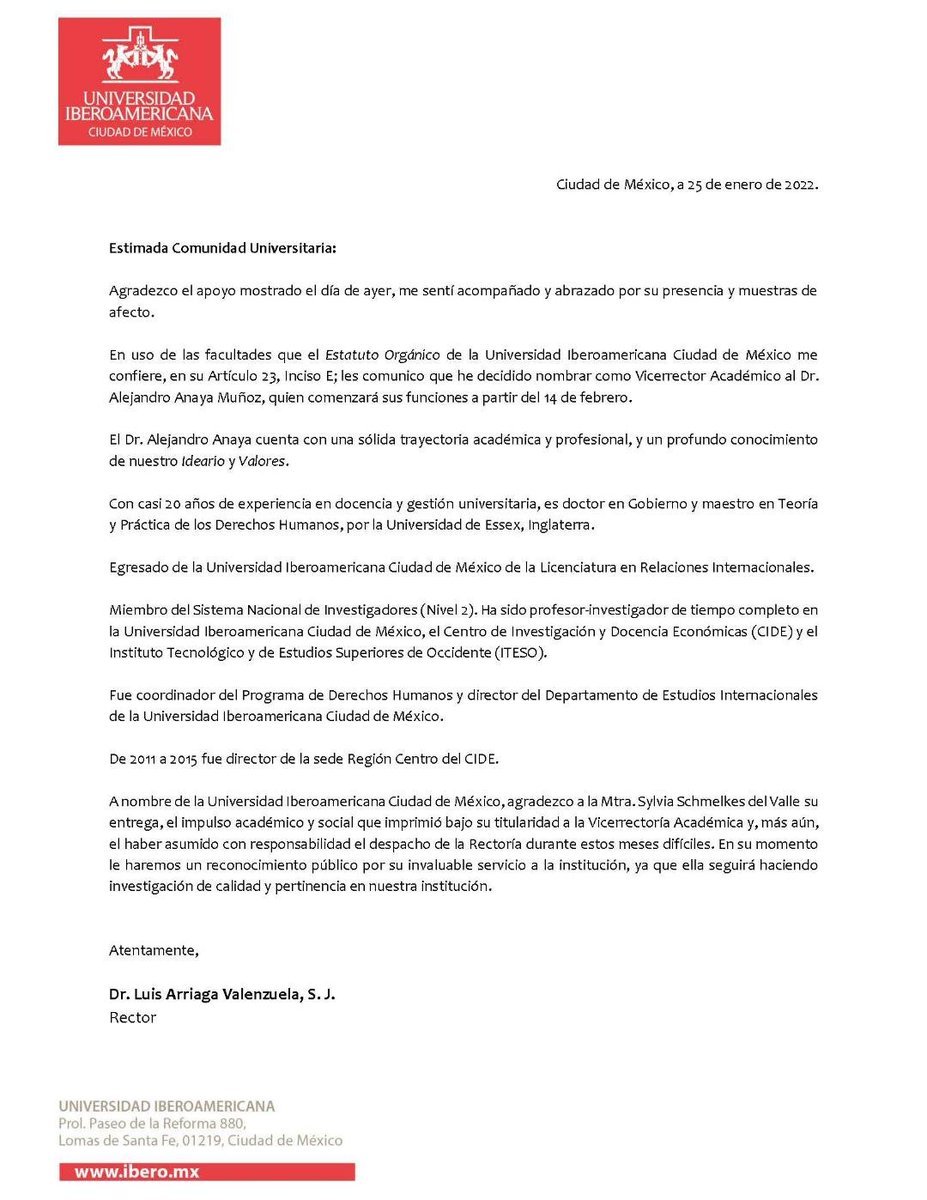 Carlos_Tampico's tweet photo. Felicidades al nuevo rector Luis Arriaga SJ y equipo en IBERO_mx #RectorIBERO #LuisArriaga #SoyIBERO #UniversidadJesuita. Me congratulo por la designación de Vicerrector Académico, el Dr Alejandro Anaya Muñoz, quien fuera nuestro muy apreciado colega en @CIDE_DEI Enhorabuena! https://t.co/Qgn7icp4DM