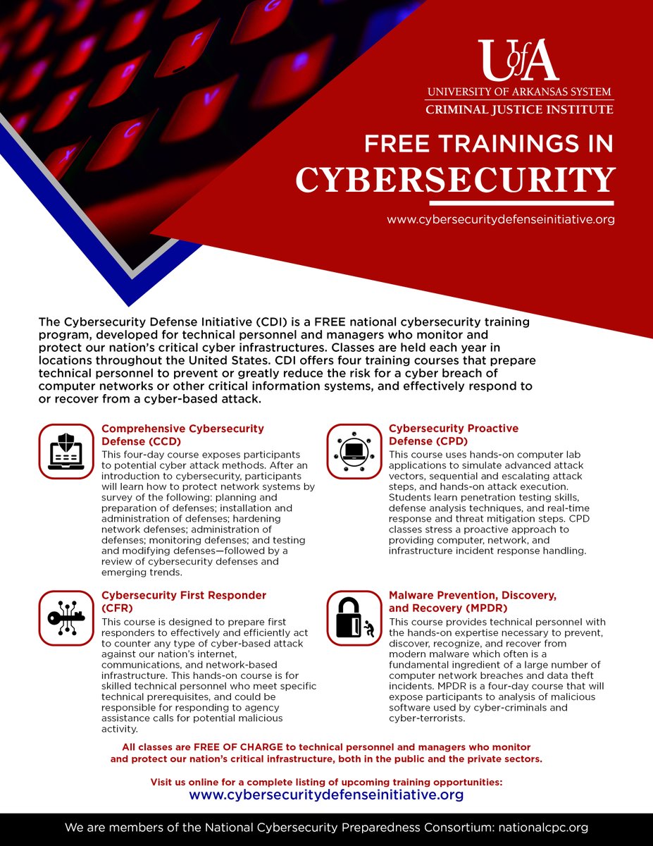 CJI’s #Cybersecurity Defense Initiative (CDI) delivers courses for technical personnel working within our nation’s critical infrastructure. This training would normally cost around $6-7K per person, but is offered FREE OF CHARGE through our program. 
cybersecuritydefenseinitiative.org