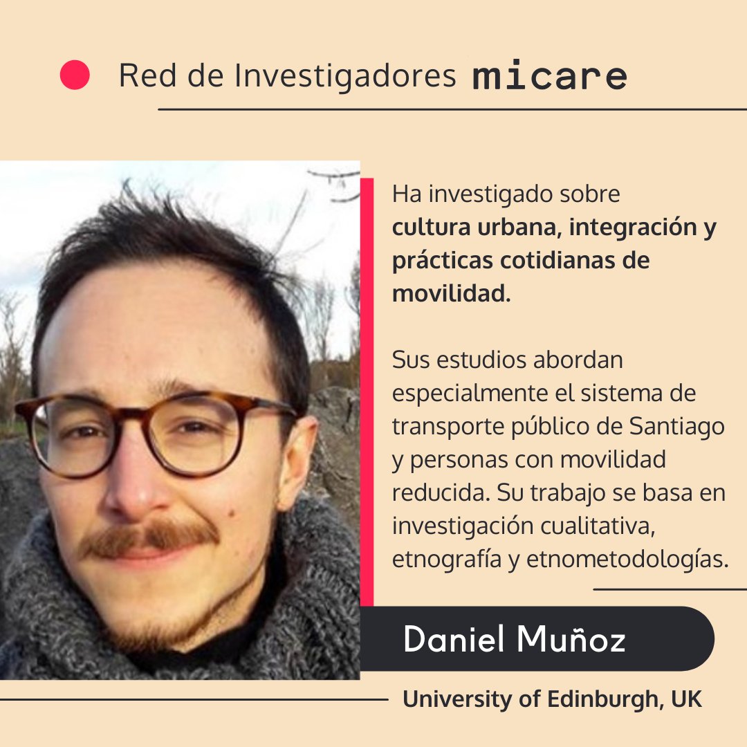micare_chile's tweet photo. ¡Nuestra red sigue creciendo y @daniel_m_z se suma desde el Reino Unido! 🌎🤩🇬🇧 Daniel investiga prácticas cotidianas de movilidad en @TSUOxford. Ha estudiado el sistema de #transportepúblico de Santiago 🚌 y personas con movilidad reducida 👩‍🦽 mediante etnografía. @CentrosAnid https://t.co/eG47m6DWAV