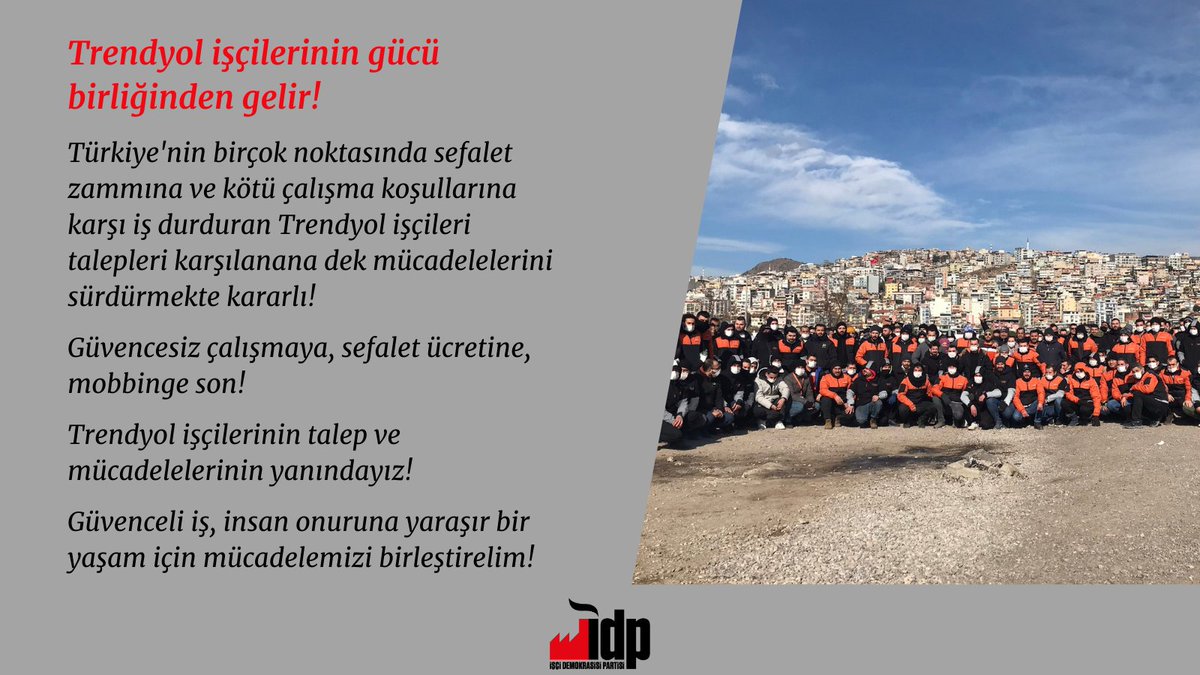 idpgenelmerkezi's tweet photo. Trendyol işçilerinin gücü birliğinden gelir!

Güvencesiz çalışmaya, sefalet ücretine, mobbinge son!

Trendyol işçilerinin talep ve mücadelelerinin yanındayız!

Güvenceli iş, insan onuruna yaraşır bir yaşam için mücadelemizi birleştirelim! 

#HaklarıVerTrendyol https://t.co/fB0ynbv1LV