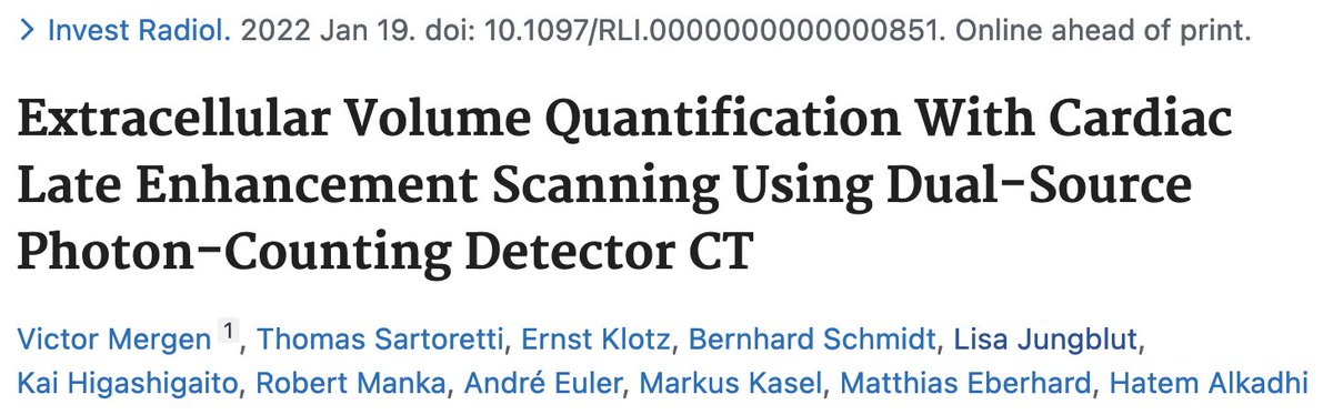 I hereby congratulate <a href="/mergen_v/">Mergen Victor</a> for his impressive investigation of extracellular volume (ECV) quantification using cardiac late enhancement with Photon-counting CT!
One additional step to enrich diagnostic information in cardiac CT
<a href="/Alkadhi_rad/">Alkadhi</a> <a href="/rmanka_/">Robert Manka</a> <a href="/MatthEberhard/">Matthias Eberhard</a>