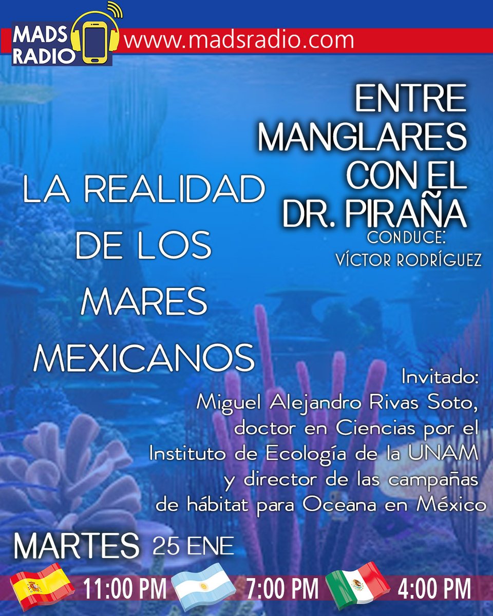 MadsSPE's tweet photo. Si quieres saber la realidad de los mares mexicanos con un invitado muy especial, no te puedes perder Entre Manglares con el DR. Piraña, todos los martes en Mads Cast

#entremanglaresconeldrpiraña #maresmexicanos #madscast #madsradio https://t.co/H96NeeZTE1