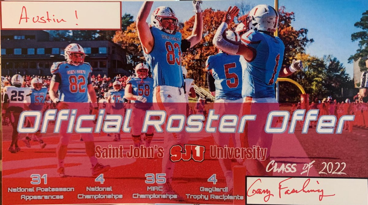 austin_bracket's tweet photo. After a great conversation and visit with @SJUFBCoachDumo I am blessed to receive an offer from Saint John’s University @SJUJohnnies @Johnnies_Video @SJUDefense https://t.co/KPvICEoCNg
