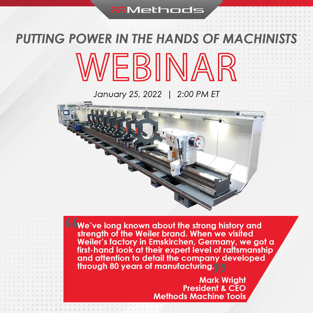 MethodsMT's tweet photo. We are excited to announce that we have officially partnered with Weiler. Learn more by visiting our website or by joining the MMS webinar at 2:00pm today on “Putting the Power in the Hands of Machinists”. https://t.co/H0a5FWPk21 @MMSOnline #weiler #modernmachineshop #webinar https://t.co/0xAn7mnTTm