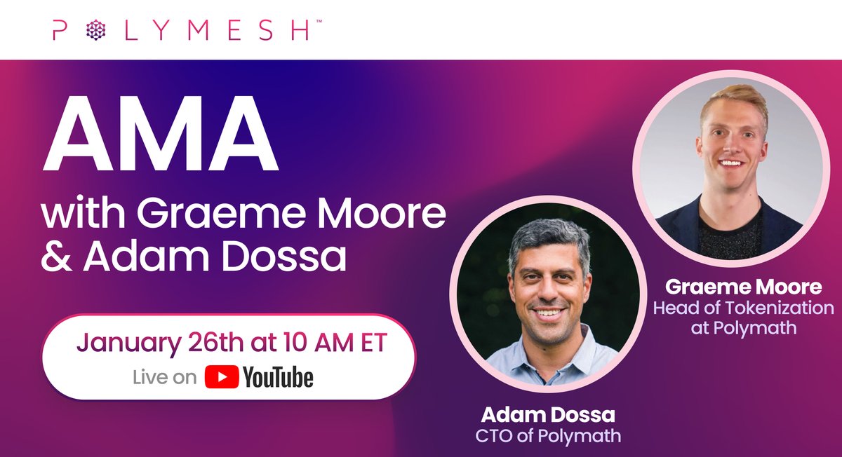 PolymeshNetwork's tweet image. Don&apos;t miss the #PolymeshAMA with @mooregrams and @AdamAID happening TOMORROW Jan 26th at 10 AM ET! 🌟

Got a question? Hurry and drop it here (form closes 12 PM ET today): hubs.la/Q012Qz3b0

or sub our Youtube channel to ask in the live chat: hubs.la/Q012QvDJ0