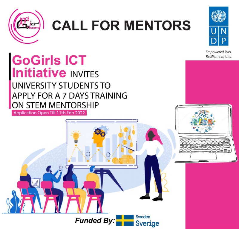 #SSOT Are you a university student passionate about #technology? If yes, GoGirls ICT Initiative is inviting you to apply for 7 days of training on STEM Mentorship.
Apply👇docs.google.com/forms/d/1FG14p…
The application deadline is 11th Feb. 2022. #TTOSICT #BeyondConflict <a href="/undpsouthsudan/">UNDP South Sudan</a>