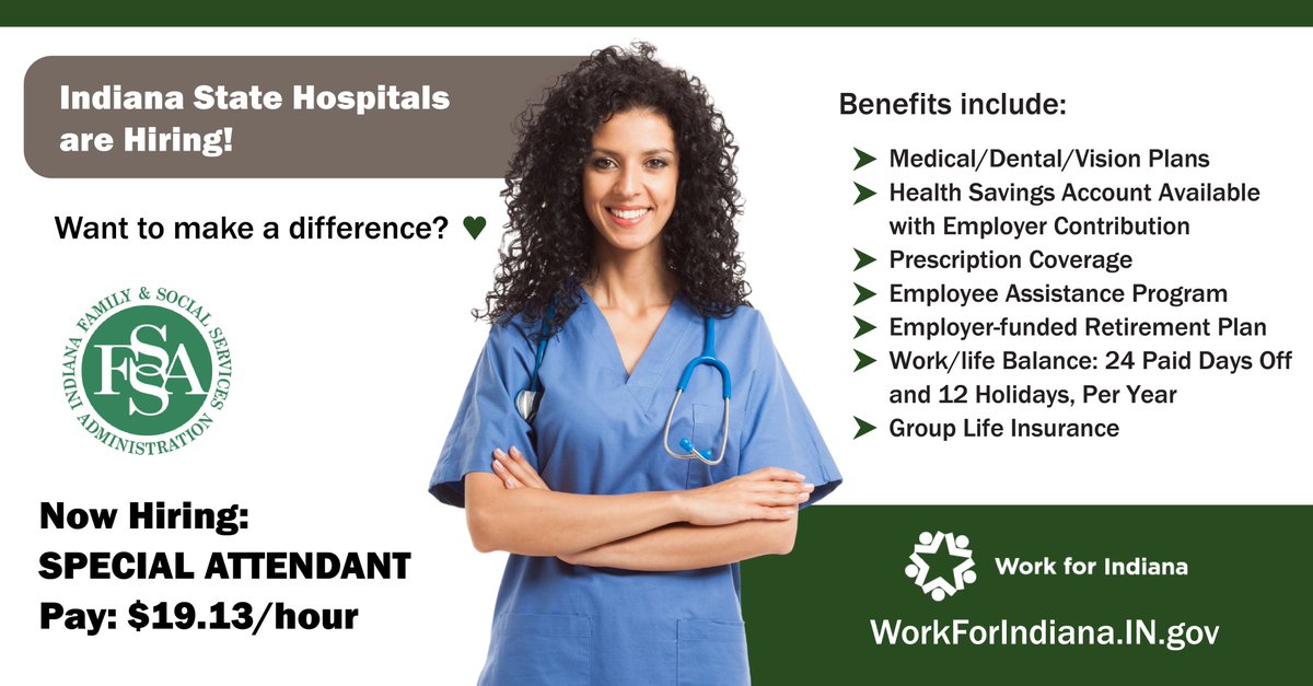 WorkForIndiana's tweet photo. Are you a natural-born caretaker? Are you interested in behavioral healthcare?

State Hospitals across Indiana are looking for someone like you!

Find details at https://t.co/cuOzZOzGJF

Keyword search: state hospital AND special attendant https://t.co/g4woAFbalk