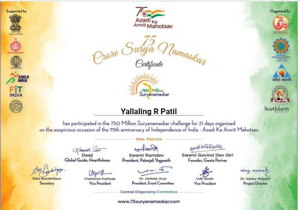 #75croresuryanamaskar 
PYS tilak nagar kalburgi participated in suryanamaskar abhiyana got certificate
<a href="/UshaBhagat16/">Usha Bhagat 🇮🇳राष्ट्रभक्त सोशल-योगीनी।</a> 
<a href="/yogrishiramdev/">स्वामी रामदेव</a> 
<a href="/ShivanandSalim3/">Shivanand | ⌘ 🛠️🔆π²</a> 
@