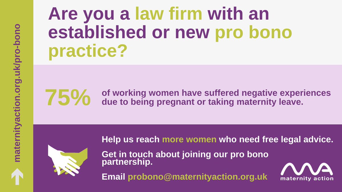 MaternityAction's tweet photo. Are you a law firm with a #probono practice? 

Help us help more women facing #maternitydiscrimination - get in touch and join our pro bono partnership:

💻 https://t.co/OCMbLvCFGS
📧 probono@maternityaction.org.uk

#wedoprobono https://t.co/YdFijF1tuD