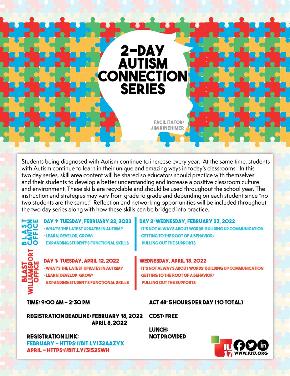 In this two day series, #BLaSTIU17 and educators will dive deep  into better understanding and increase a positive classroom culture and environment. Registration is open now: bit.ly/32AAzyX
#Autism #SpecialEducation #ProfessioanlLearning #ActCredits <a href="/PADeptofEd/">PA Department of Education</a> <a href="/PAIU/">PAIU</a>