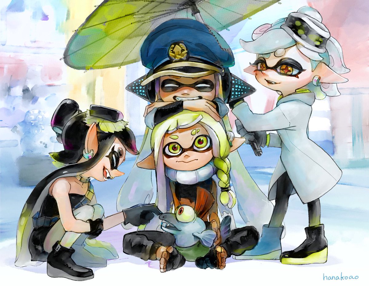 callie (splatoon) ,inkling ,inkling girl ,marie (splatoon) multiple girls tentacle hair umbrella hat 4girls smile pointy ears  illustration images