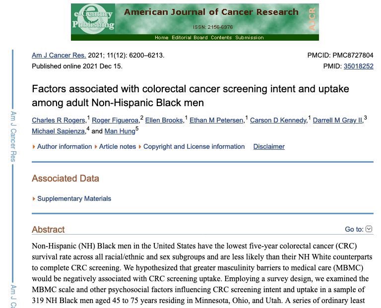 🚨 New #CuttingCRC Pub Alert! 

S/o to my squad for partnership on this piece focused on investigating factors associated with #ColonCancer screening intent & uptake among adult Non-Hispanic Black men (ages 45-75) in UT, MN, & OH! 

ncbi.nlm.nih.gov/pmc/articles/P…

#HealthEquityNow #CBPR