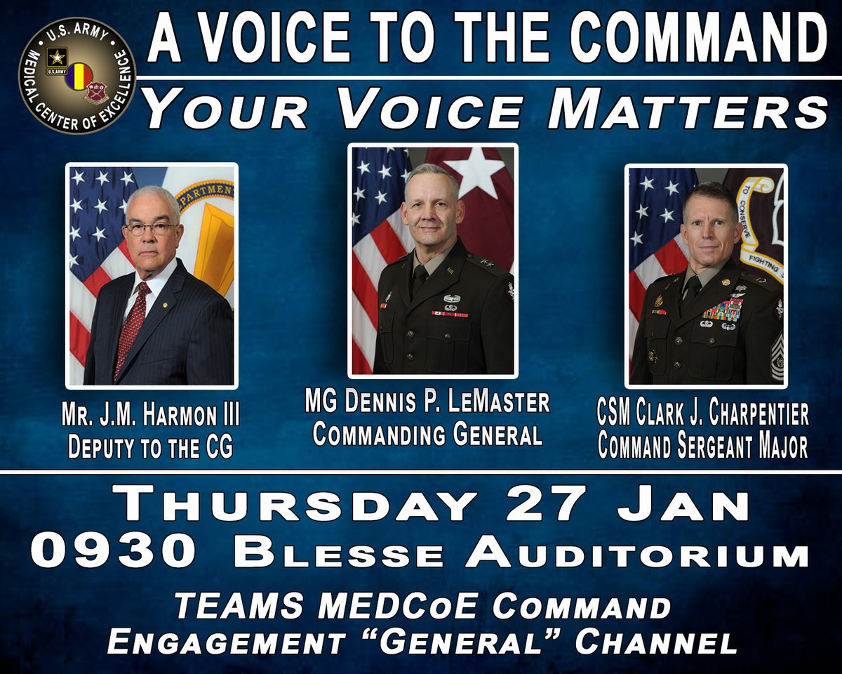 medcoe's tweet photo. This week, the Command Team will host the January “Voice to the Command” listening session, Thursday, 27 January, 0930-1030 in Blesse Auditorium and on Teams (Command Engagement: Voice to the Command Channel).  

#ThisIsMySquad
#TRADOC
#USACAC
#ArmyMedicine 
@DennisLeMaster7 https://t.co/wDVYAwZ0G0