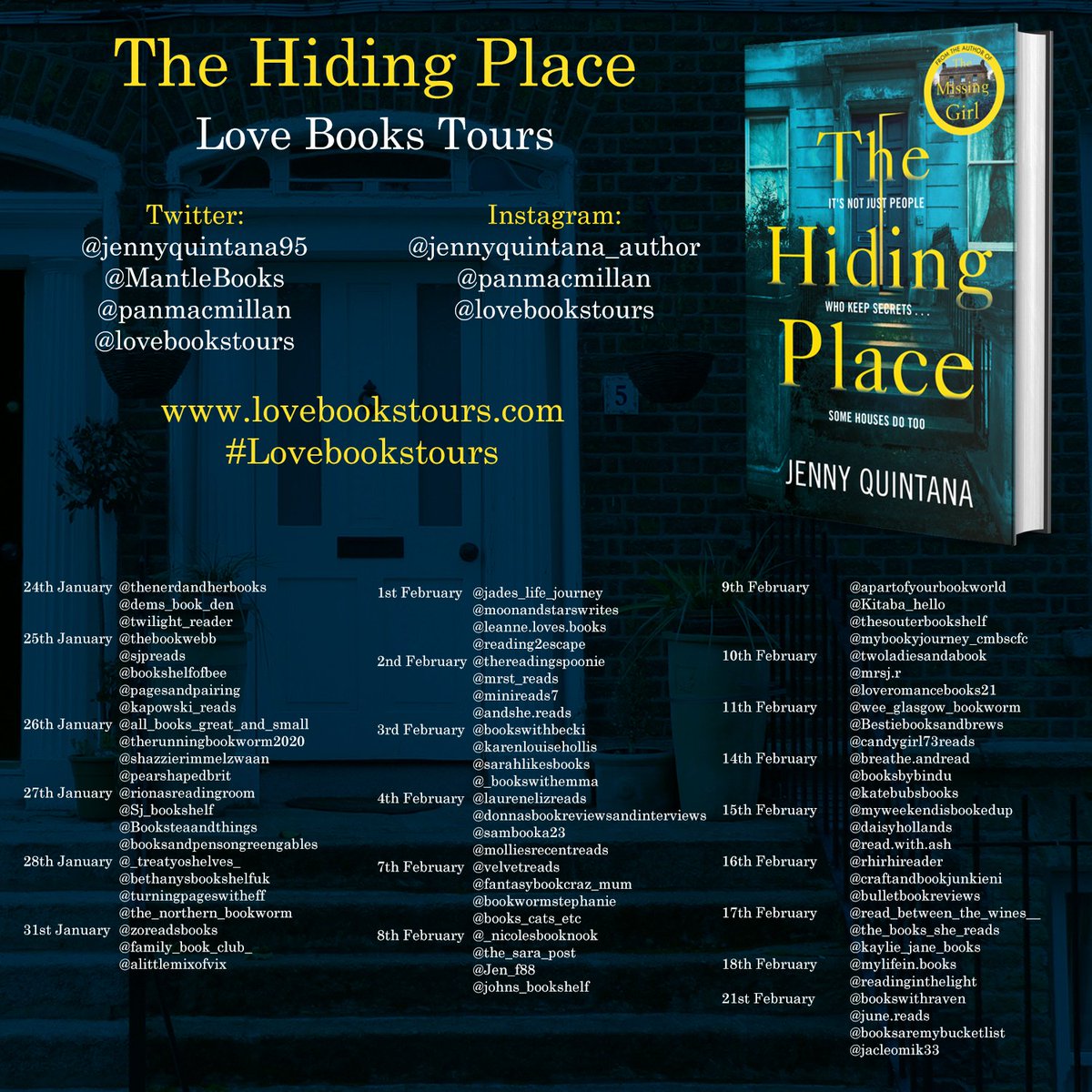 Lovebookstours's tweet photo. 'The atmosphere of this book was super creepy!'
https://t.co/inxi0Rwpf2
The Hiding Place by Jenny Quintana @jennyquintana95 @mantlebooks @panmacmillan @lovebookstours 
https://t.co/7JeculPnIY #booktour 

#bookreviews #virtualbooktour #reachingreaders https://t.co/b2bmugu1Rl