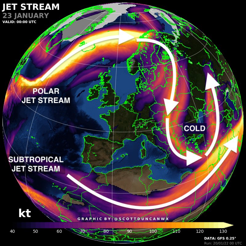 Yoğun kar yağışının nedeni;
Jet akımındaki kuvvetli bir menderesleme ile soğuk hava güneye doğru iniyor.
Karadeniz ve Doğu Akdeniz'in nispeten ılık suları üzerinden geçen bu soğuk hava bu bölgelerde adeta kar makinesi gibi davranıyor.
✍ Scott Duncan