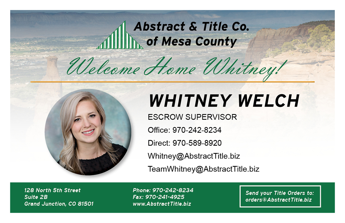 “We are excited to have Whitney back as part of Abstract’s great closing team and in her expanded role to supervise the quality of our escrow processes!”

#grandjunction #topcloser #gjco #titlecompany #closingday #westslopebestslope #abstractandtitle