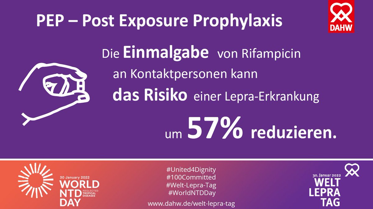 dahw_germany's tweet photo. Bis die klinischen Studien zum Lepra Impfstoff #LepVax abgeschlossen ist die Lepra-Post-Expositions-Prophylaxe (LPEP) #Pep4Lep einer der beste Wege um die Ansteckung von Lepra weiter einzuschränken. #United4Dignity #WorldLeprosyDay #100Committed #WLd2022 https://t.co/0d5Ci7CJwt https://t.co/gmU5hiTtER