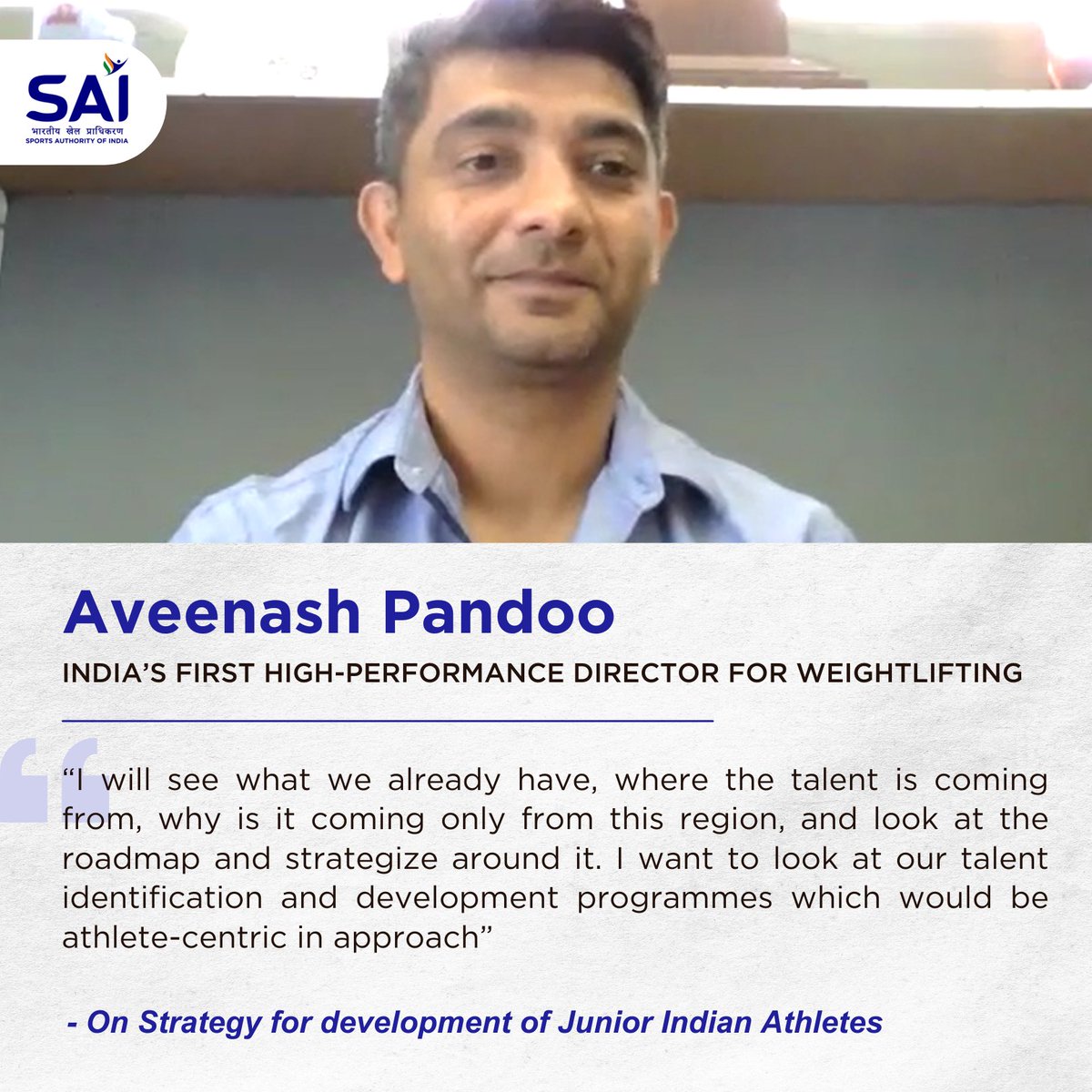 Media_SAI's tweet photo. #SAINewsBulletin

Aveenash Pandoo, India’s first High-Performance Director for #Weightlifting to focus on Athletes and Coaches, says “will adopt an athlete centered approach”

Read more 👇 

#SAIcares #SAIupdates 
#IndianSports https://t.co/3I5DTSSQtq