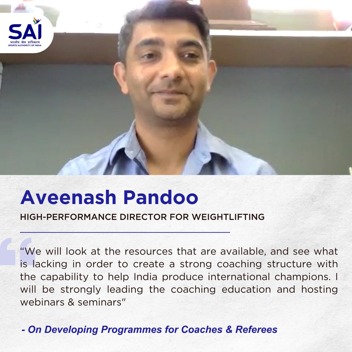 #SAINewsBulletin

Aveenash Pandoo, India’s first High-Performance Director for #Weightlifting to focus on Athletes and Coaches, says “will adopt an athlete centered approach”

Read more 👇 

#SAIcares #SAIupdates 
#IndianSports