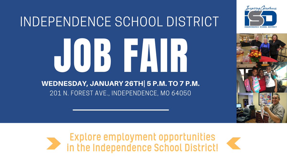Explore employment opportunities at the ISD Job Fair on January 26th from 5 p.m. to 7 p.m. Meet with wonderful members of our team from several departments at Central Office (201 N. Forest Avenue). You can find more information here: ow.ly/rsk850HCsuO #isdstrong