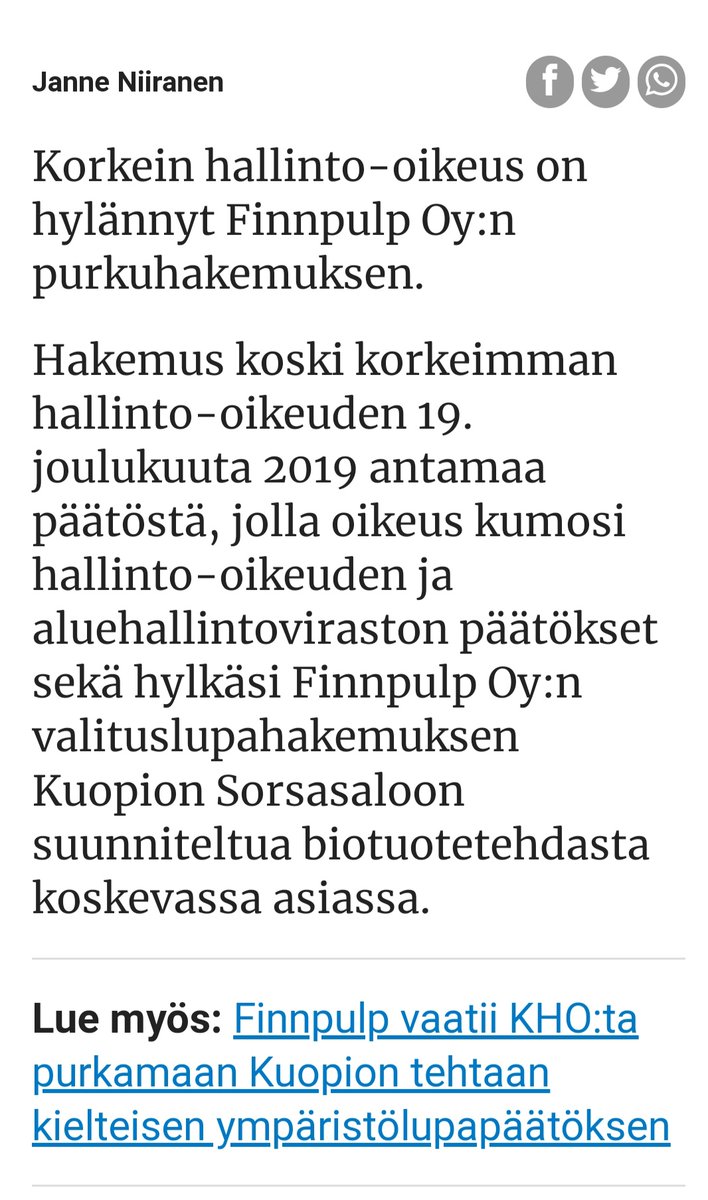 markkumyllykan2's tweet photo. Hyviä uutisia! #Finnpulp'in #havusellutehdas Kuopioon on lopullisesti torpedoitu. #Ympäristötuho estetty. Kallavesi ja muu ympäristö kiittävät. Kuvakaappaus: @Savon_Sanomat 25.1. @Kuopionkaupunki https://t.co/gpMexDZcTj