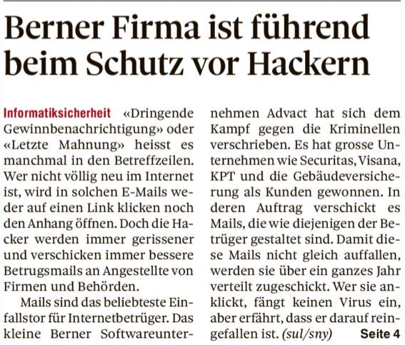 advact's tweet photo. Heute lohnt es sich besonders die @BernerZeitung oder den @derbund zu lesen. Spannender Artikel über #phishing und #hacker, sowie Phishing Simulationen und unseren Response Service. #awareness #prineigenersache https://t.co/4LZyvUzg5W