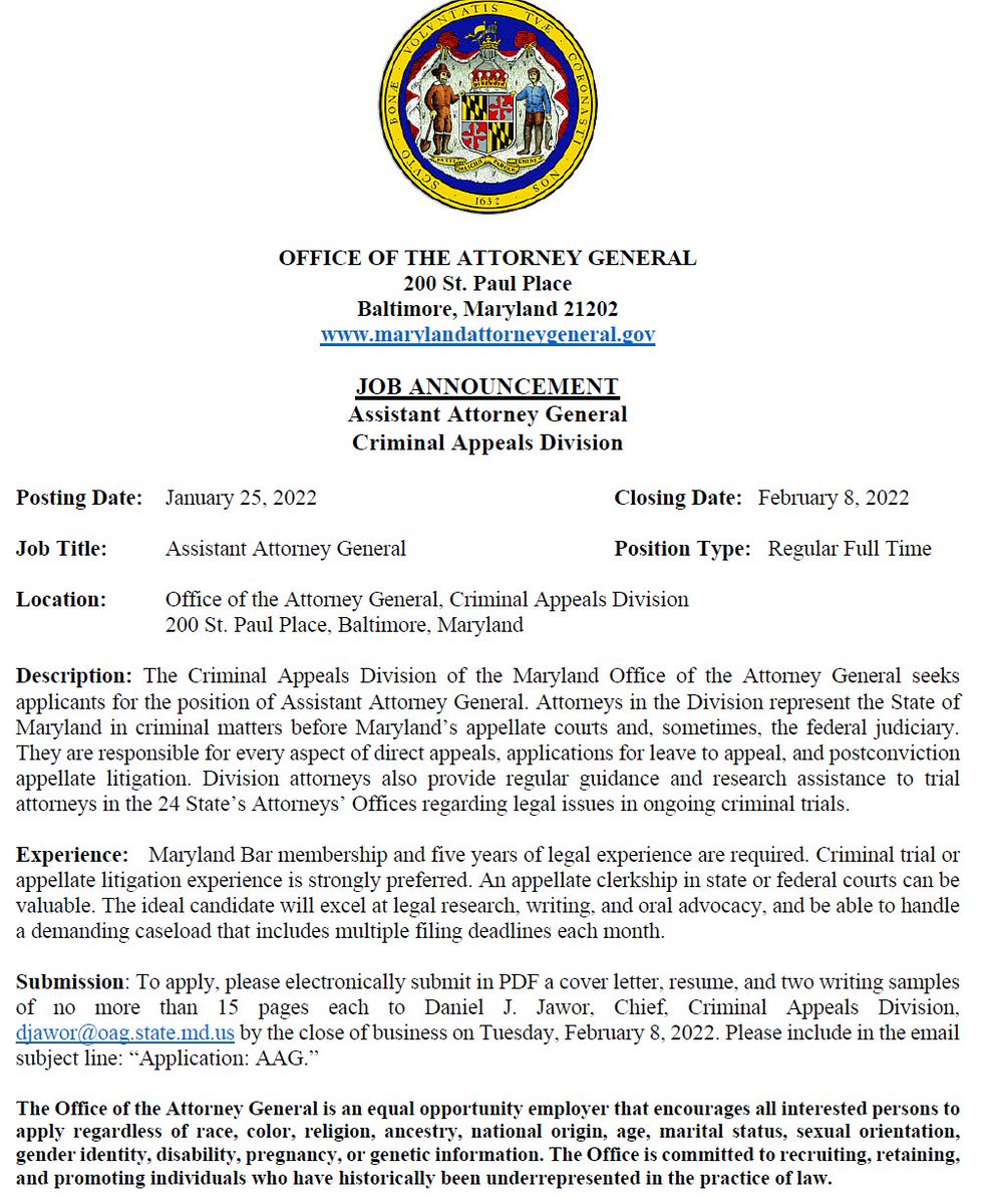 The Maryland AG's Criminal Appeals Division is hiring. It's a great office. #AppellateJobs #AppellateTwitter #LawJobs