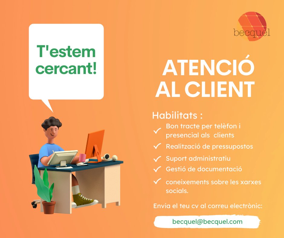 T'estem cercant! Vols treballar amb nosaltres? Tenim dos vacants per les posicions d'atenció al client i recepció a les oficines de Becquel a Alcarràs!

Envia el teu cv a bit.ly/3nTzhqQ