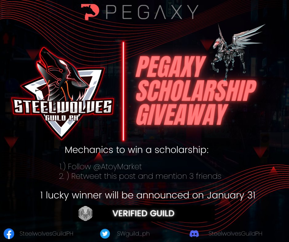 SWguild_ph's tweet photo. Pegaxy Scholarship Giveaway!!!

1 Lucky winner will be chosen

Mechanics:
1. Follow @AtoyMarket  on twitter
2. Retweet this post and mention 3 friends

The winner will be announced on January 31
Stay tuned!!

Make sure to follow the mechanics!! 

Discord:
https://t.co/ZfshfNGBGP https://t.co/0wpr6nQ0Ln