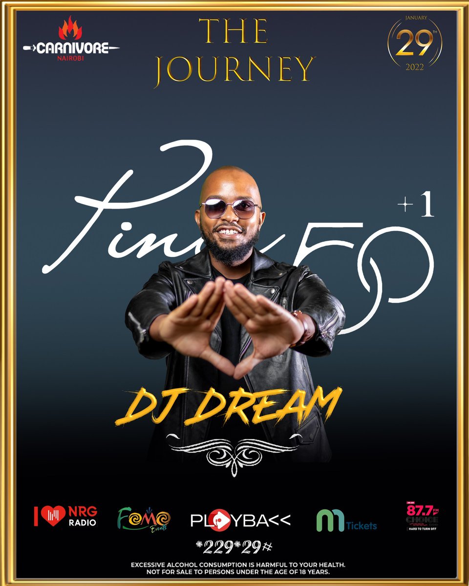 NRGRadioKenya's tweet photo. Down for some good time??🥳🥳
@djdreamkenya will be playing this Saturday at The Carnivore!
Get your tickets from Mtickets, let's show up and turn up😎
@djpinye @johnniewalkerke @fomoevent @mticketsevents_
#MusicaljourneywithPinye
#Pinye@50
#NRGEventsKE https://t.co/Slekf4vdQu