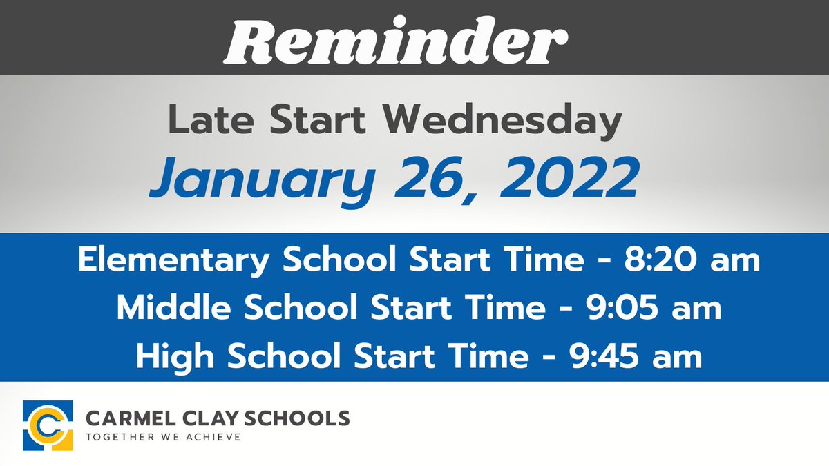 Tomorrow is Late Start Wednesday for all CCS students. Please note that we are watching the weather and chilly temperatures. If a 2-hour delay is needed, the timing should be determined from the REGULAR bell time, not the Late Start time. #MyCCS