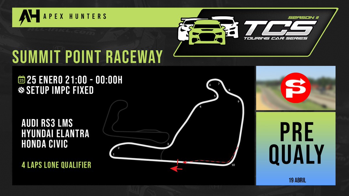 ⏱️PREQUALY DAY⏱️

Tras los entrenos oficiales de anoche, llegamos al primer día clave del #TCSERIES.

Desde las 21:00h, hasta las 23:55h, los más de 50 inscritos se juegan una de las codiciadas plazas de la TCS PRO en Summit Point.

ya tienes un favorito?