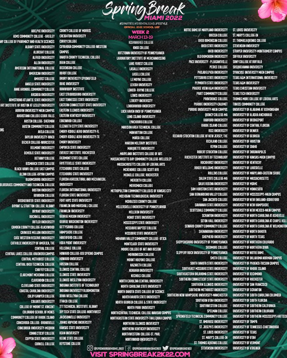 springbreak2k25's tweet photo. Anyone needs to know the dates for their respective schools this Miami Spring Break? 

We got you covered 🌴 #MiamiSpringBreak2022 #MiamiSpringBreak2k22 #SpringBreakMiami2022 #SpringBreak2k22 #SpringBreakParties https://t.co/8IQYZ3tm4P