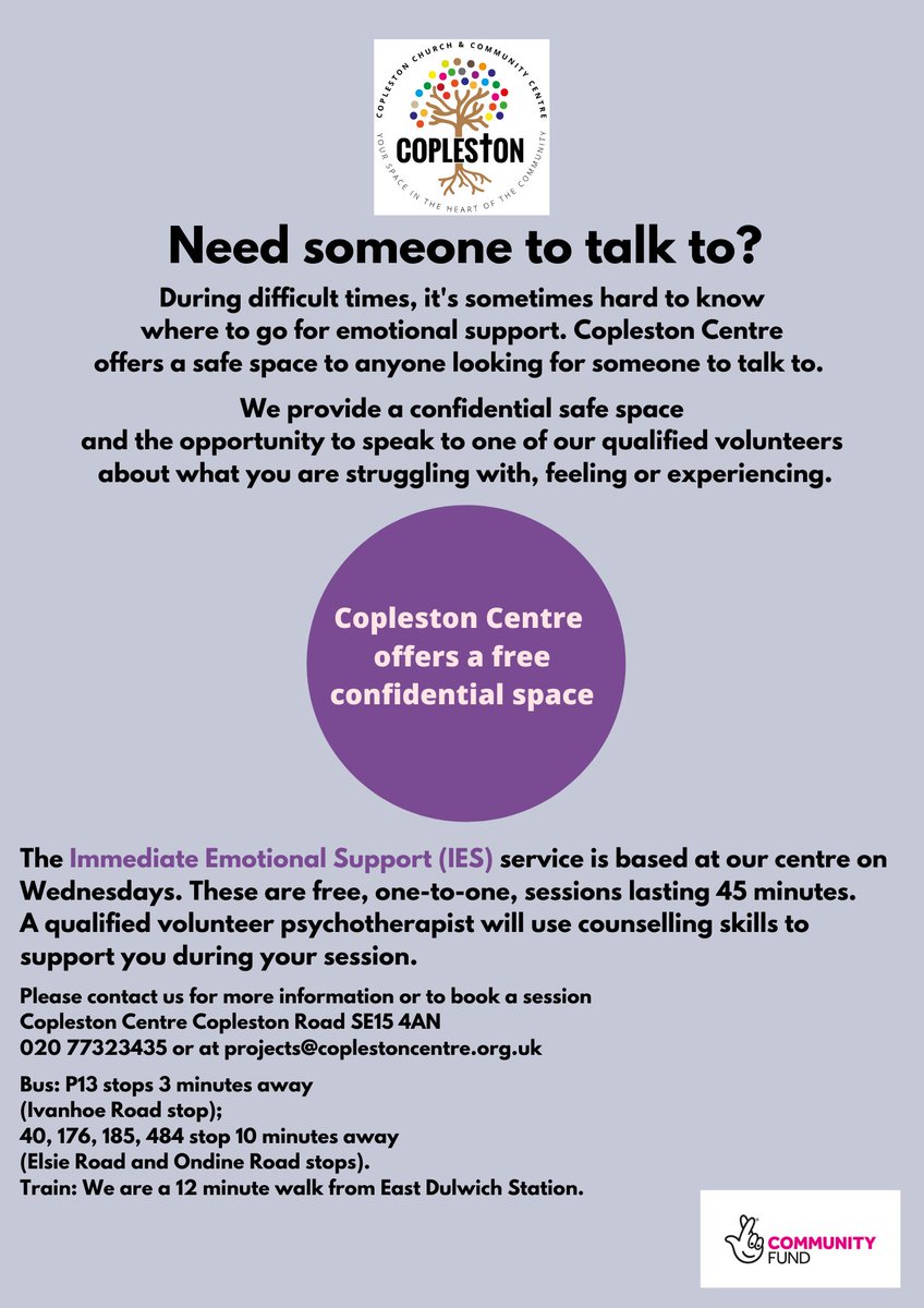 Copleston Peckham (@coplestoncentre) on Twitter photo Need someone to talk to?
Our Immediate Emotional Support service returns in February thanks to some funding from <a href="/TNLComFund/">The National Lottery Community Fund</a>
Please see flyer for contact details Need someone to talk to?
Our Immediate Emotional Support service returns in February thanks to some funding from <a href="/TNLComFund/">The National Lottery Community Fund</a>
Please see flyer for contact details
