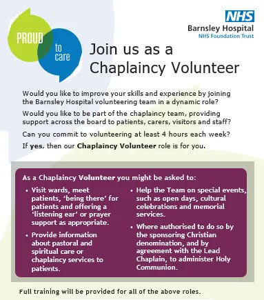 Would you like to be part of the chaplaincy team, providing support across the board to patients, carers, visitors and staff?

If yes, then our Chaplaincy Volunteer role is for you!

bit.ly/3KDw9J8