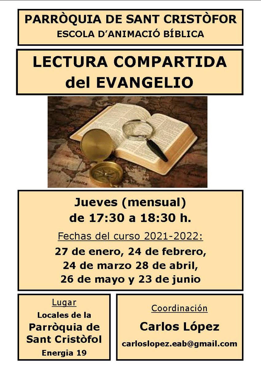 NUEVO GRUPO DE LECTURA COMPARTIDA EN BARCELONA

Una de las principales misiones, desde su origen, de Escuela de Animación Bíblica es servir a las parroquias y comunidades animando grupos de lectura compartida.

facebook.com/story.php?stor…