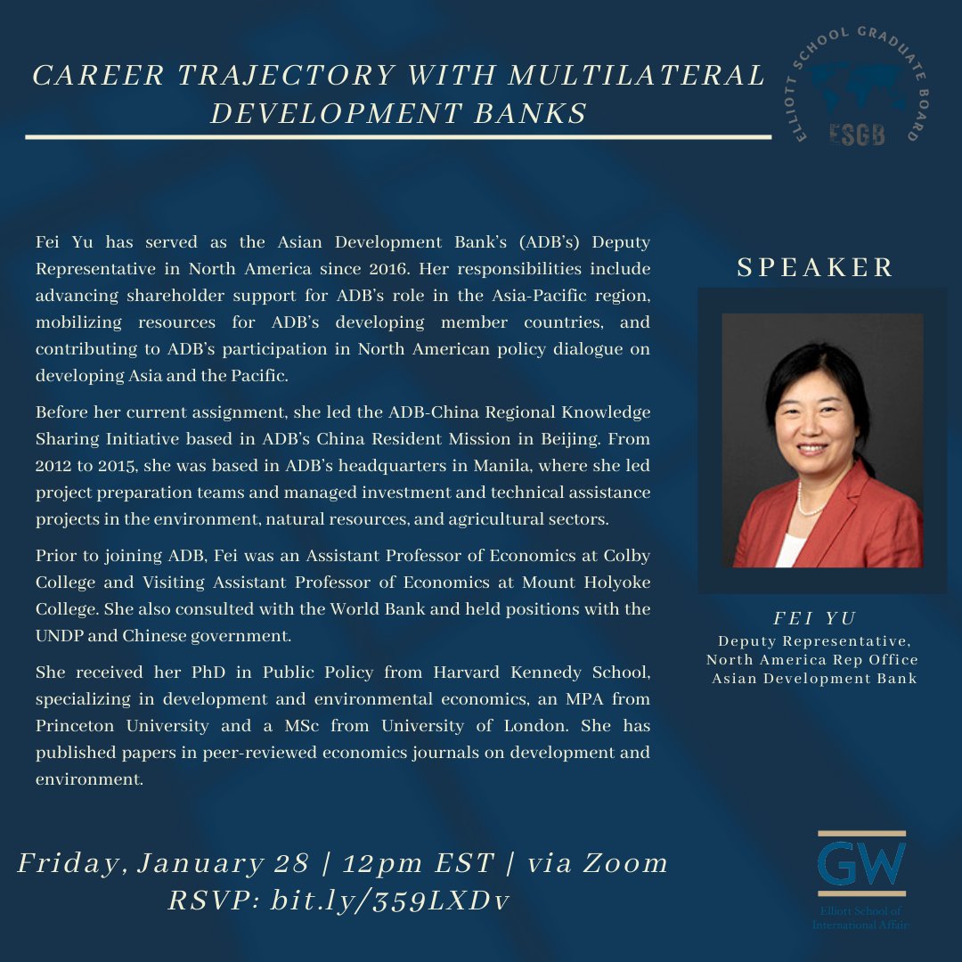 Today, we introduce our third speaker, Fei Yu,  Fei has served as the Asian Development Bank’s (ADB’s) Deputy Representative in North America since 2016. 

Are you interested in working in the ADB? Registration link: bit.ly/359LXDv Share with your friends!!