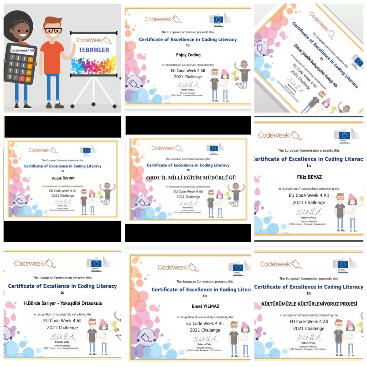 OrduARGE's tweet image. #CodeWeekEu2021 Avrupa Kod Haftası Mükemmellik Sertifikalarımızı aldık.
Öğrencilerimizle yaptığımız bilgisayarlı/bilgisayarsız kodlama çalışmalarıyla mükemmeliyet sertifikası almaya hak kazandık.
#codeweek2021👩💻 👨💻
@tcmeb @CodeweekTurkiye @tuncaysonel @mfvargeloglu @GozudikMusa