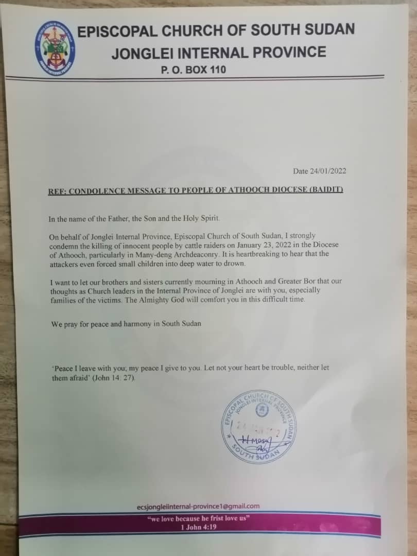 Message of condolence from Jonglei Internal Province to the people of Athooch Diocese.